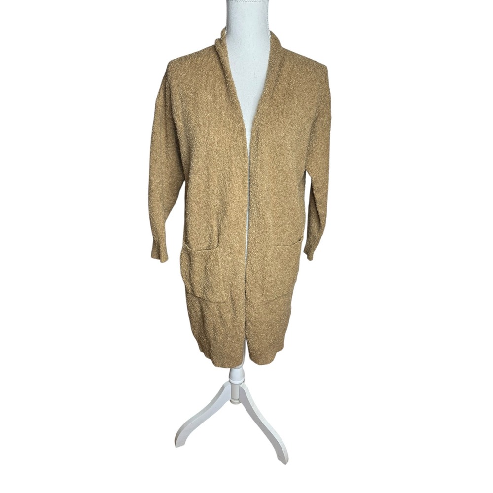 Eileen Fisher Boucle Long Cardigan Sweater Tan Organic Cotton XS Small Petite
